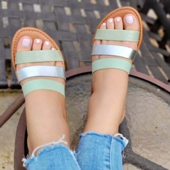Shoes - Women's Strappy Slide Flat Sandals Green Color